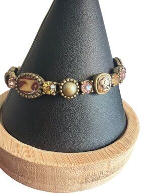 Antique Gold Tone Bracelet Enamel Rhinestones Fold Over Clasp 7.25" Animal Print